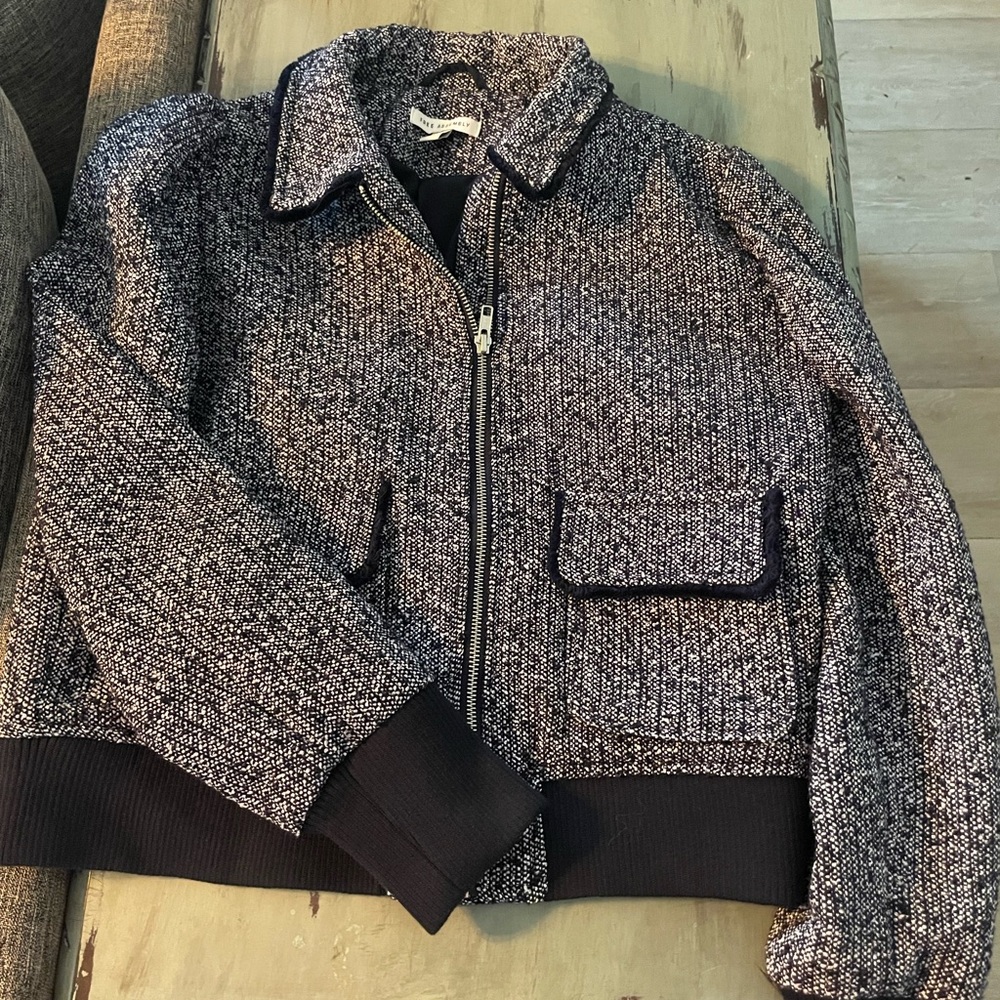Textured Zip-Front Tweed Bomber Jacket in Navy & White